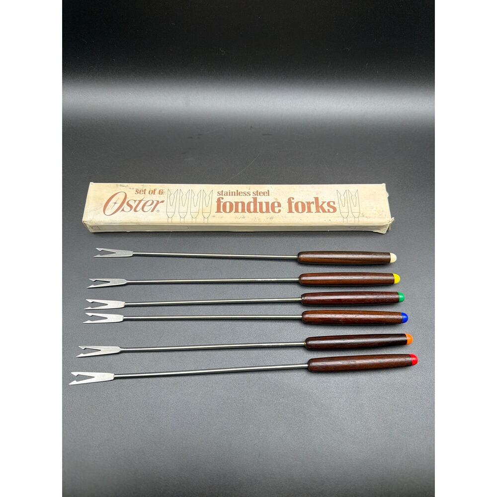 Vintage Oster Fondue Fork Set 6 Stainless Steel Wood Handles In Box mid century